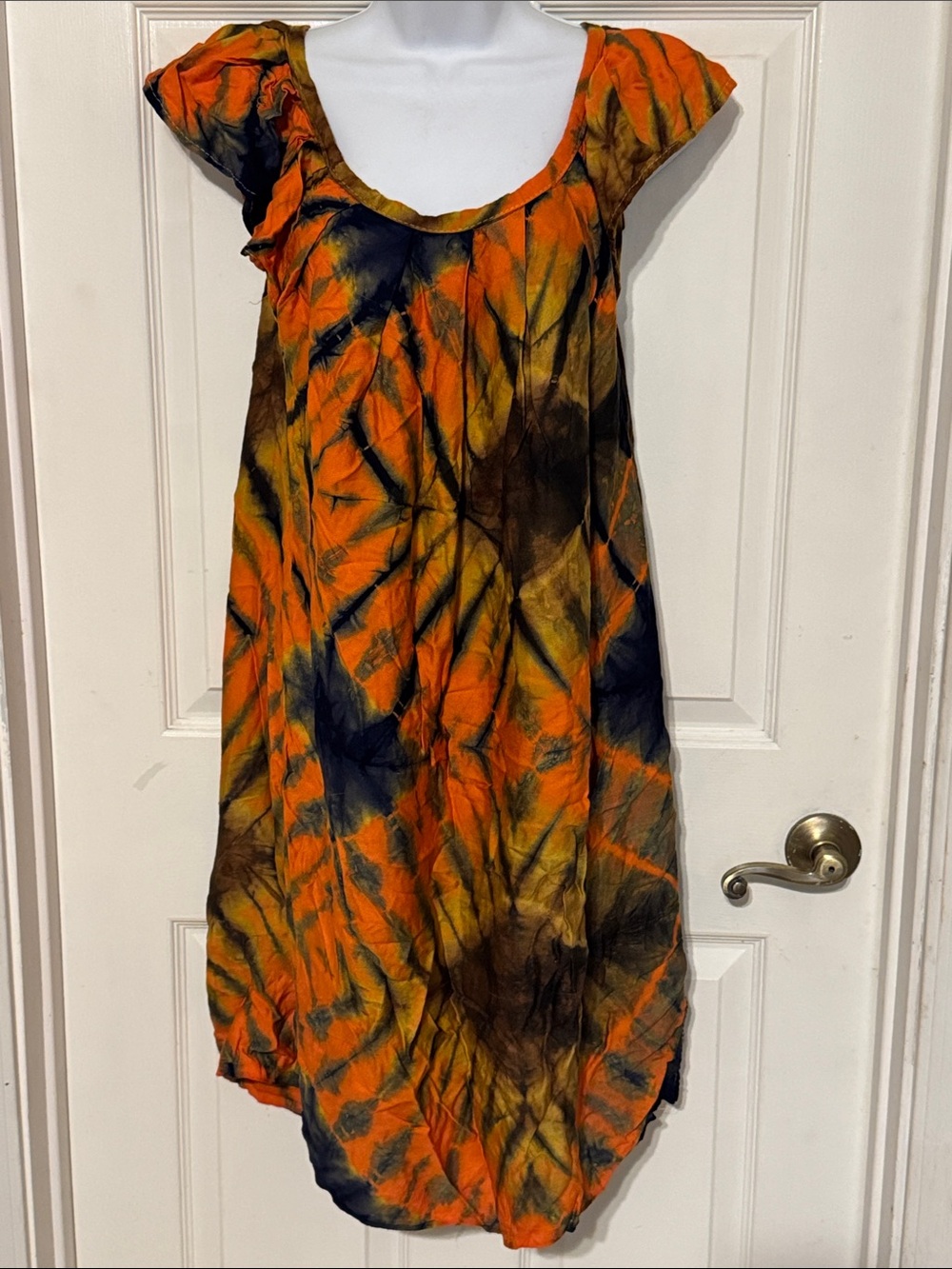 Tie-Dye Scoop Neck Dress in Orange, Navy & Brown